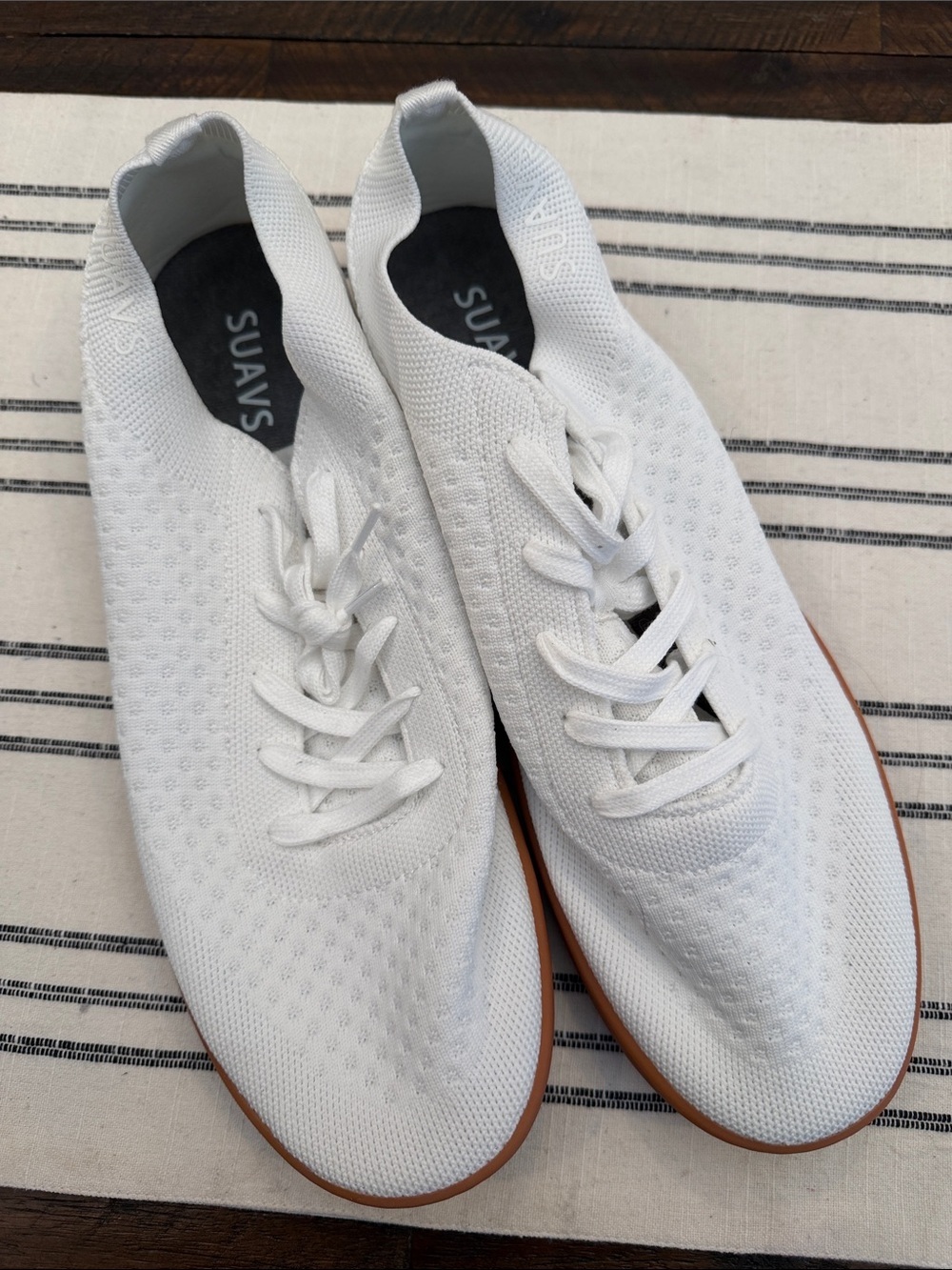 Suavs Men’s Knit Lace-Up Sneakers in White with Tan Trim